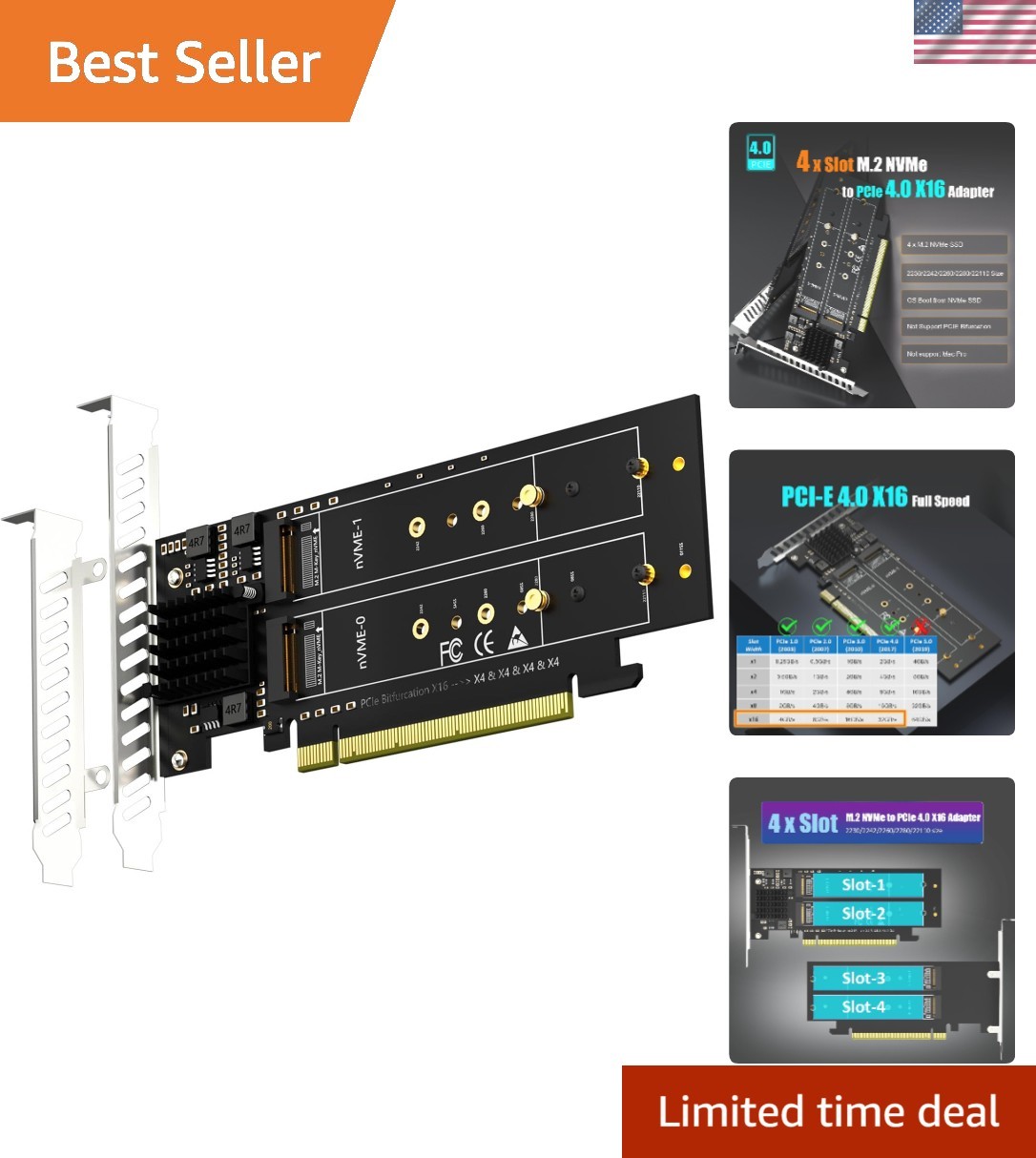 Quad M.2 NVMe to PCIe 4.0 X16 Adapter - Non-Bifurcated for Ultimate Storage
