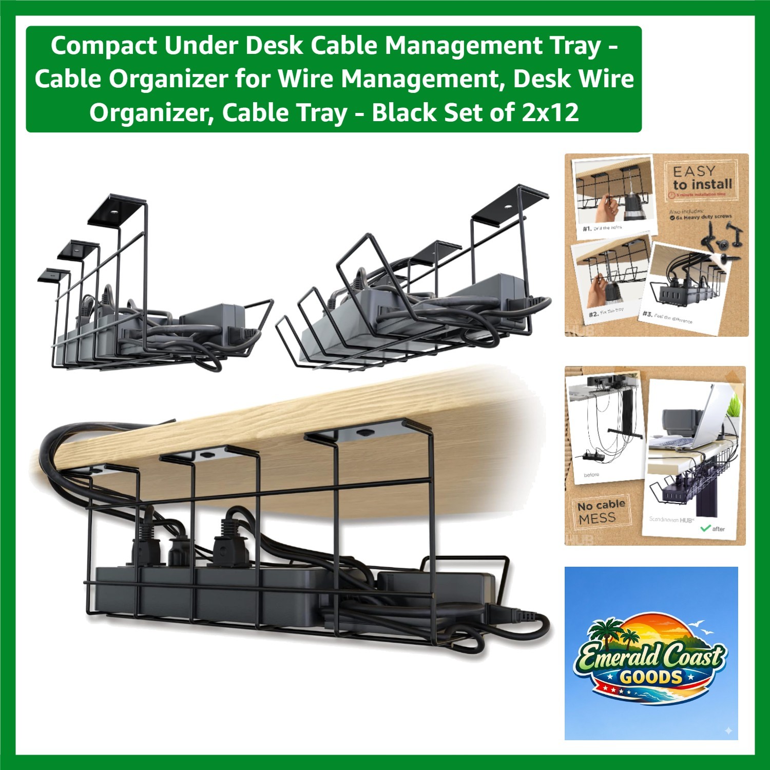 Versatile Under Desk Cable Management Tray - 12-Inch, 2-Pack for Tidy Workspaces