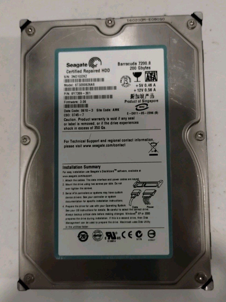 Seagate Barracuda 200GB 7200 RPM PN:9Y7389-301 FW. 3.06  Model:ST3200826AS 