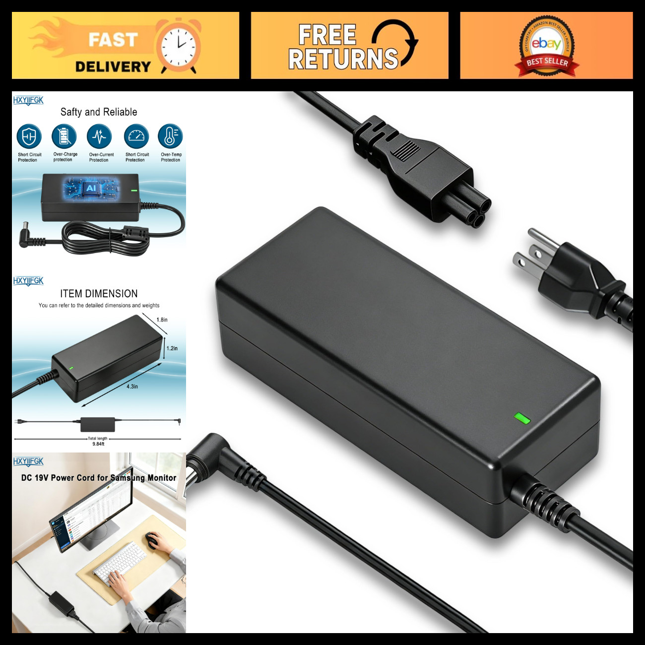 19V AC Adapter Charger for Samsung & LG 19"-27" LED LCD Monitors, Power Cord