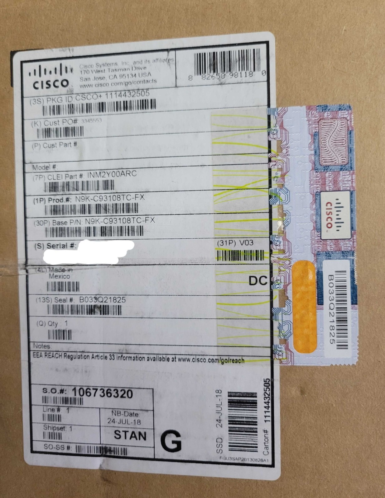 NEW Cisco Nexus N9K-C93108TC-FX ToR Switch ACI mode 4xQSFP-100G-SR4-S Rails Ears
