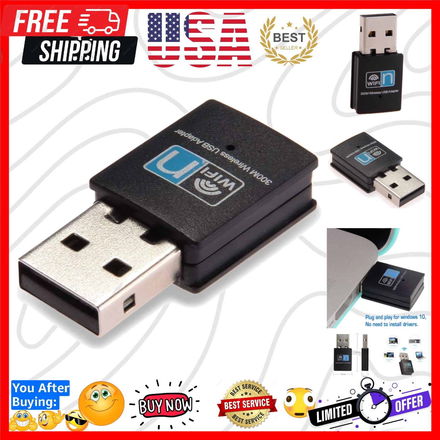 300Mbps USB WiFi Adapter, Wireless LAN Network Card Adapter WiFi Dongle for D...
