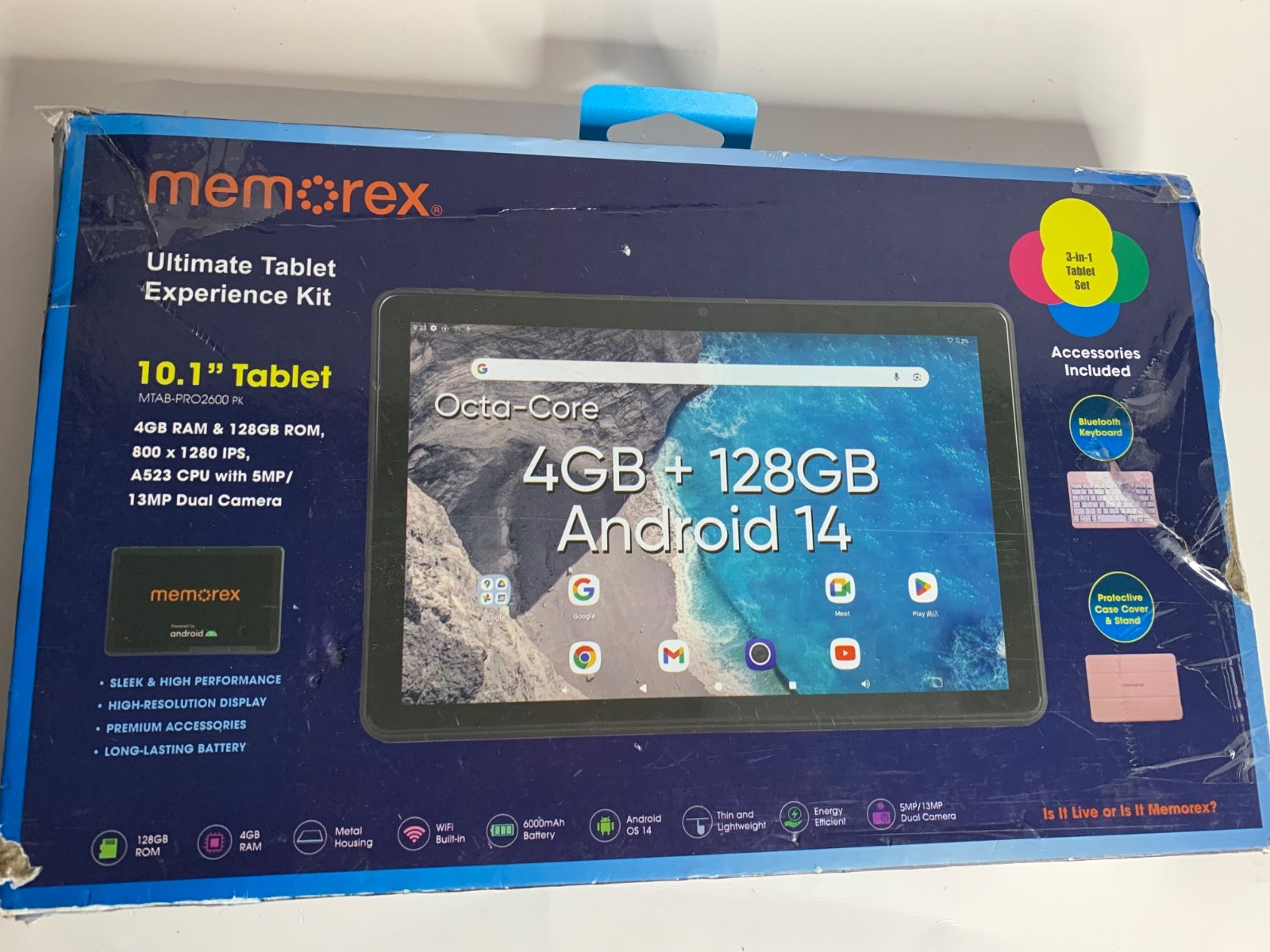 Memorex 10.1” HD IPS Android 14 Tablet | 128GB, 4GB RAM, Dual Cameras + Bundled
