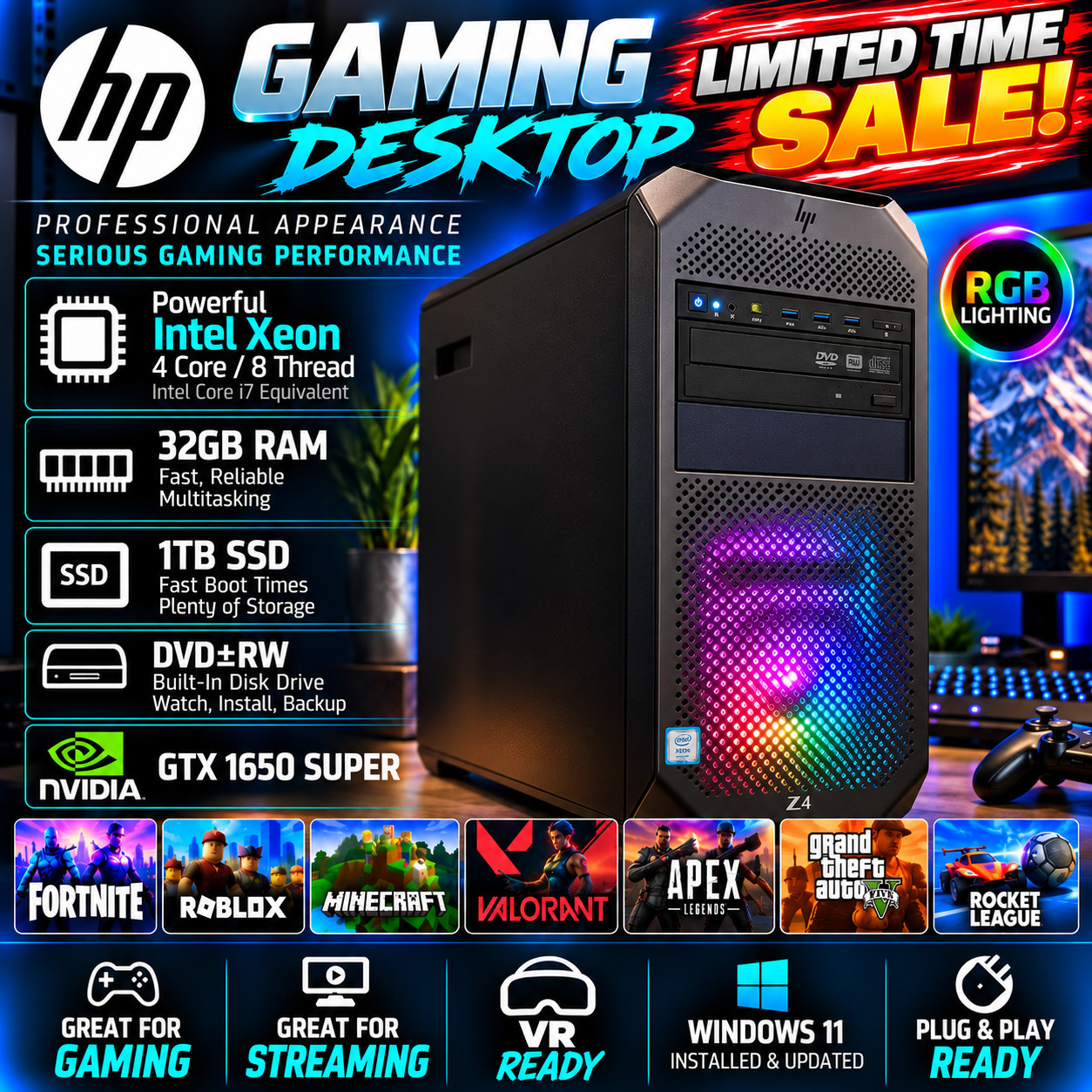 Gaming PC HP GTX 1650 Super 32GB RAM 1TB SSD RGB Intel I7 Xeon Win 11 Desktop