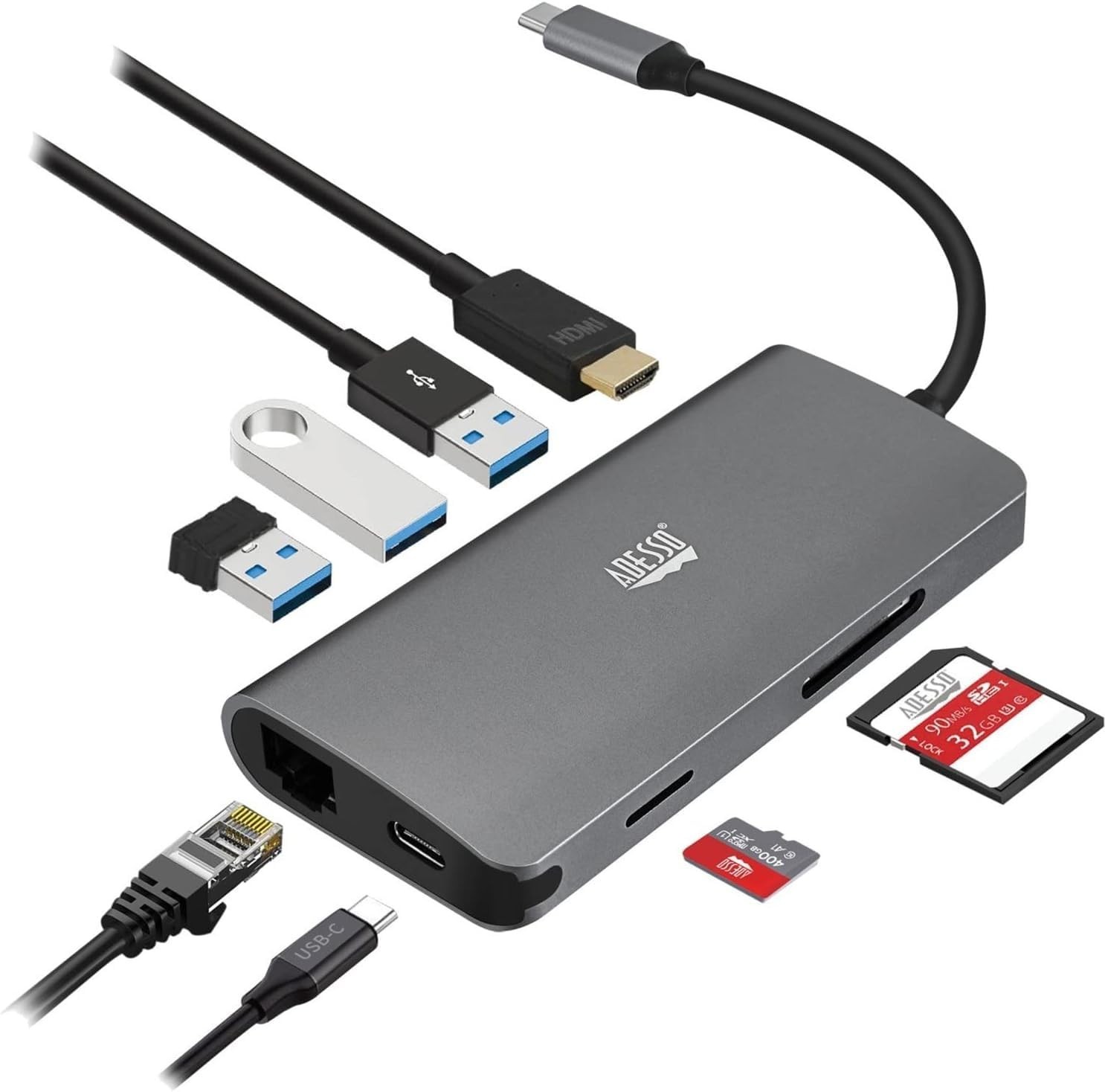 Adesso AUH-4030 USB C Docking Station 4K HDMI RJ45 100W PD 3 USB SD TF TAA
