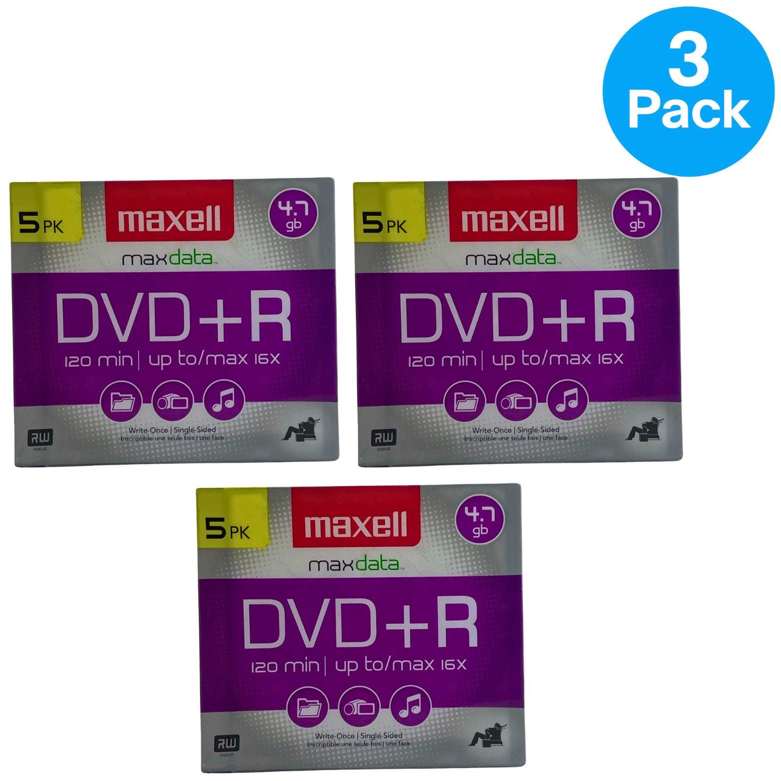 Maxell DVD+R 4.7GB 16x maxData Blank Media Discs 5 Pack (3 Pack Bundle)
