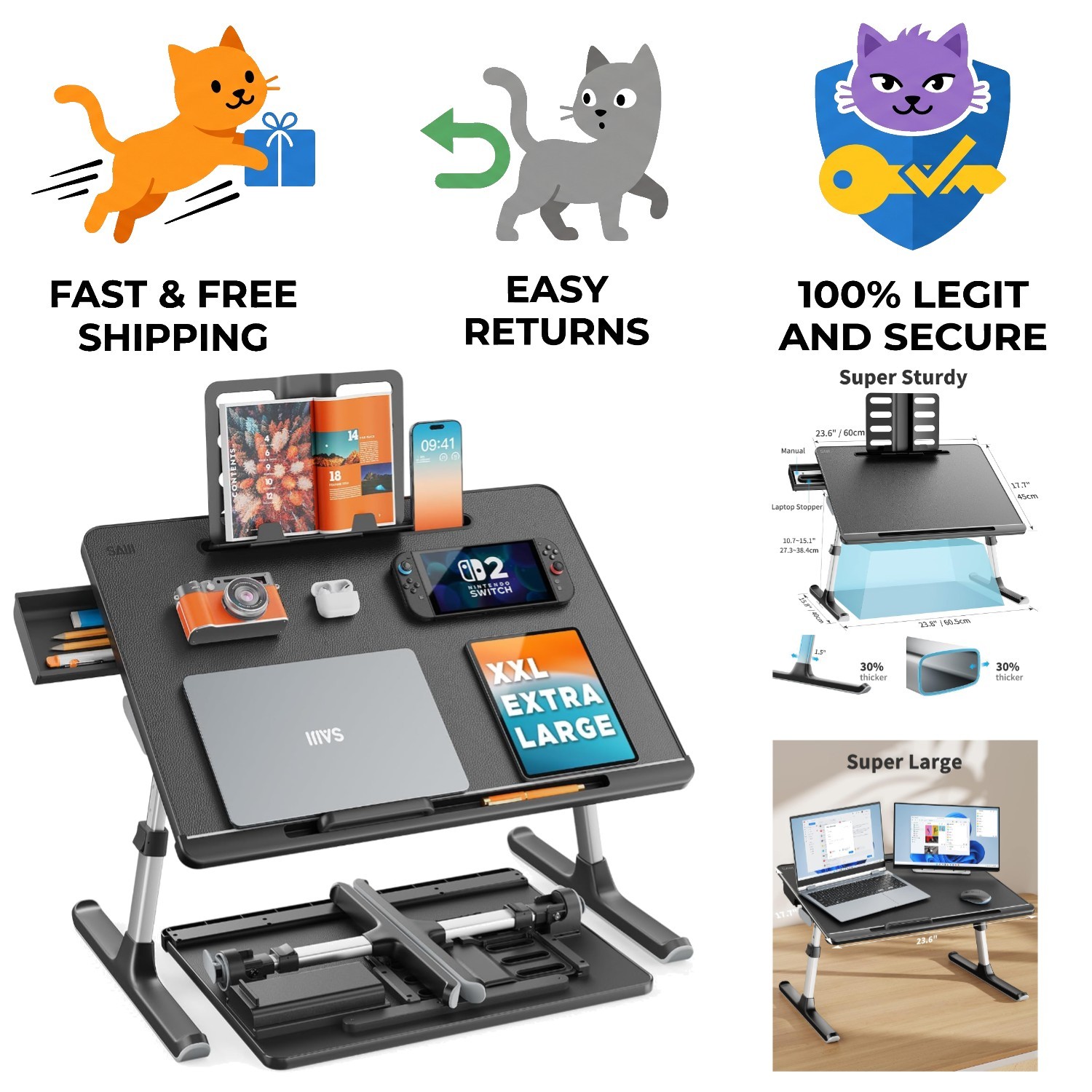 Elegant Black Foldable Laptop Desk with Adjustable Height & Angle Features