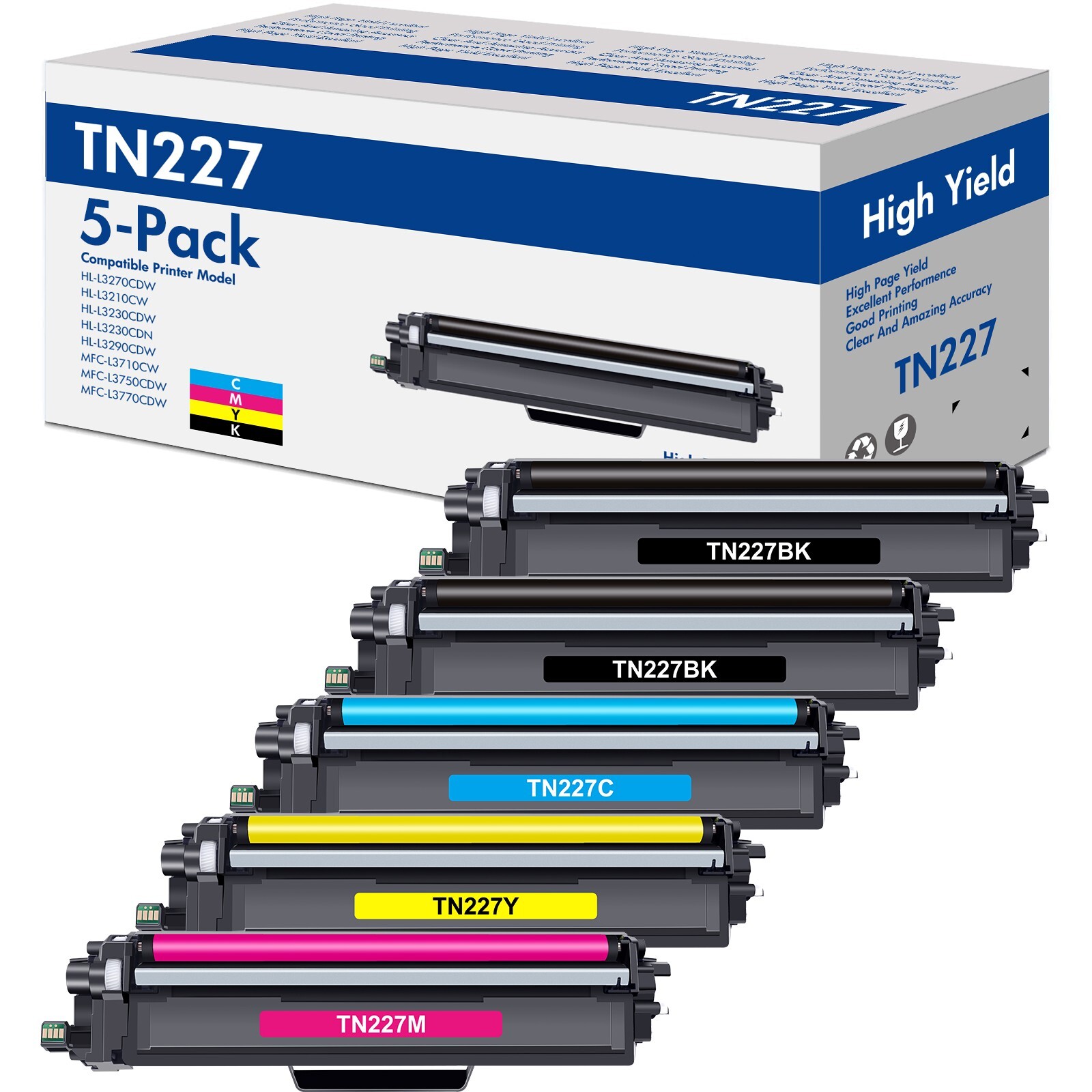5PK TN227 Color Toner Compatible with Brother HL-L3210 CW HL-L3230 CDW Printer