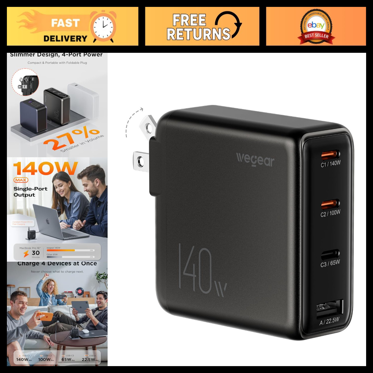 140W USB-C Laptop Charger, Slim 4-Port PD 3.1 GaN Power Adapter - Fast Charging