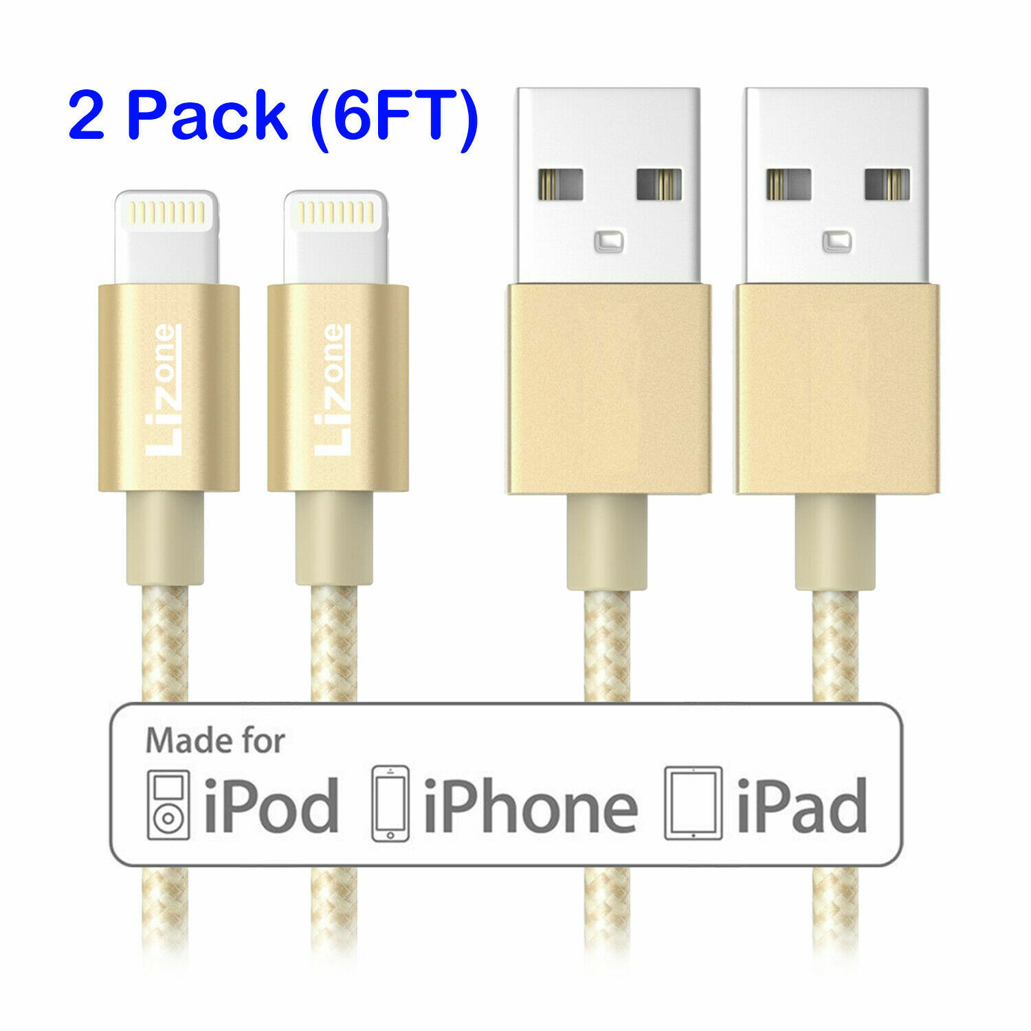 2X 6Ft Lightning Cable MFi Certified USB Charge/Sync Cord for iPhone iPad Gold