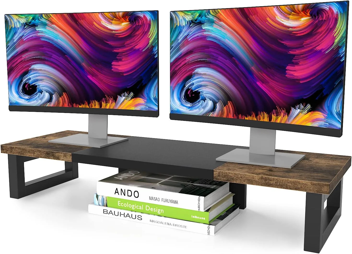 WESTREE Dual Monitor Stand Riser, Wood and Steel Multi-Purpose Desktop Storage S