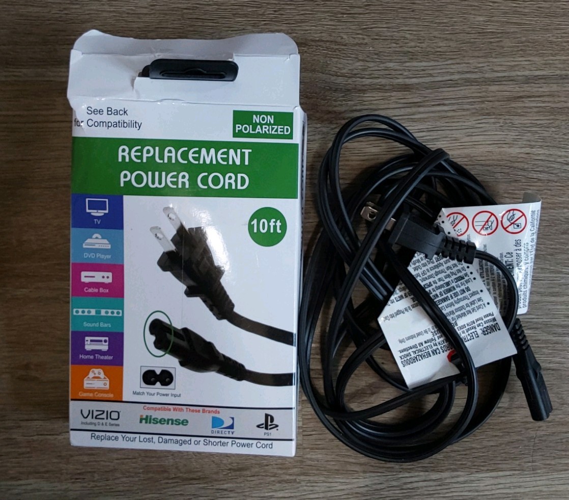 Universal Replacement Power Cord Cable 10FT Non-Polarized Vizio Samsung PS4 New 