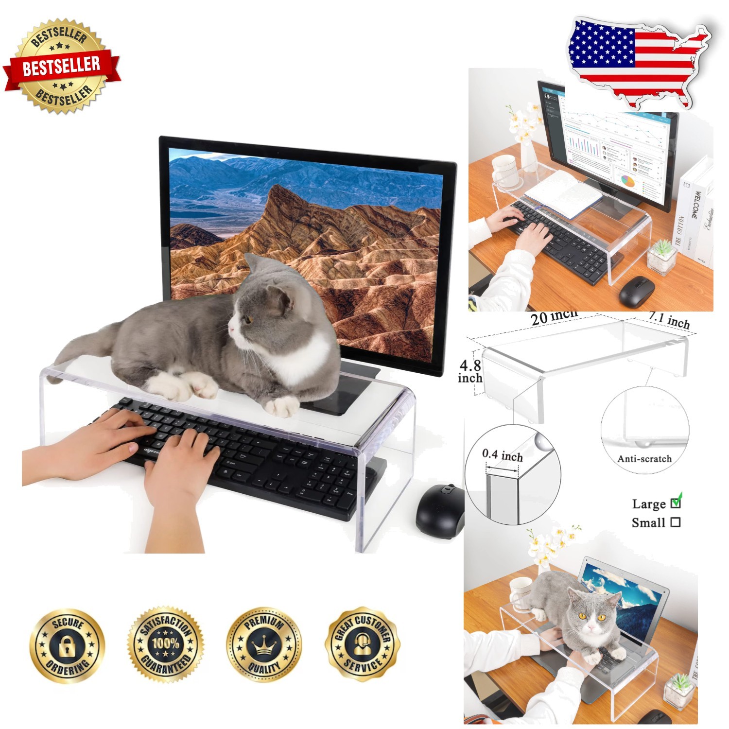 Clear Keyboard Cover, Cat Proof Acrylic Riser, 20" Large, Polished Edges