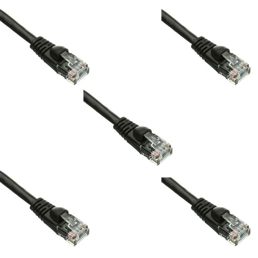 Pack of 5 Cables Snagless Shieled 7 Ft Cat5e Black Network Ethernet Patch Cable