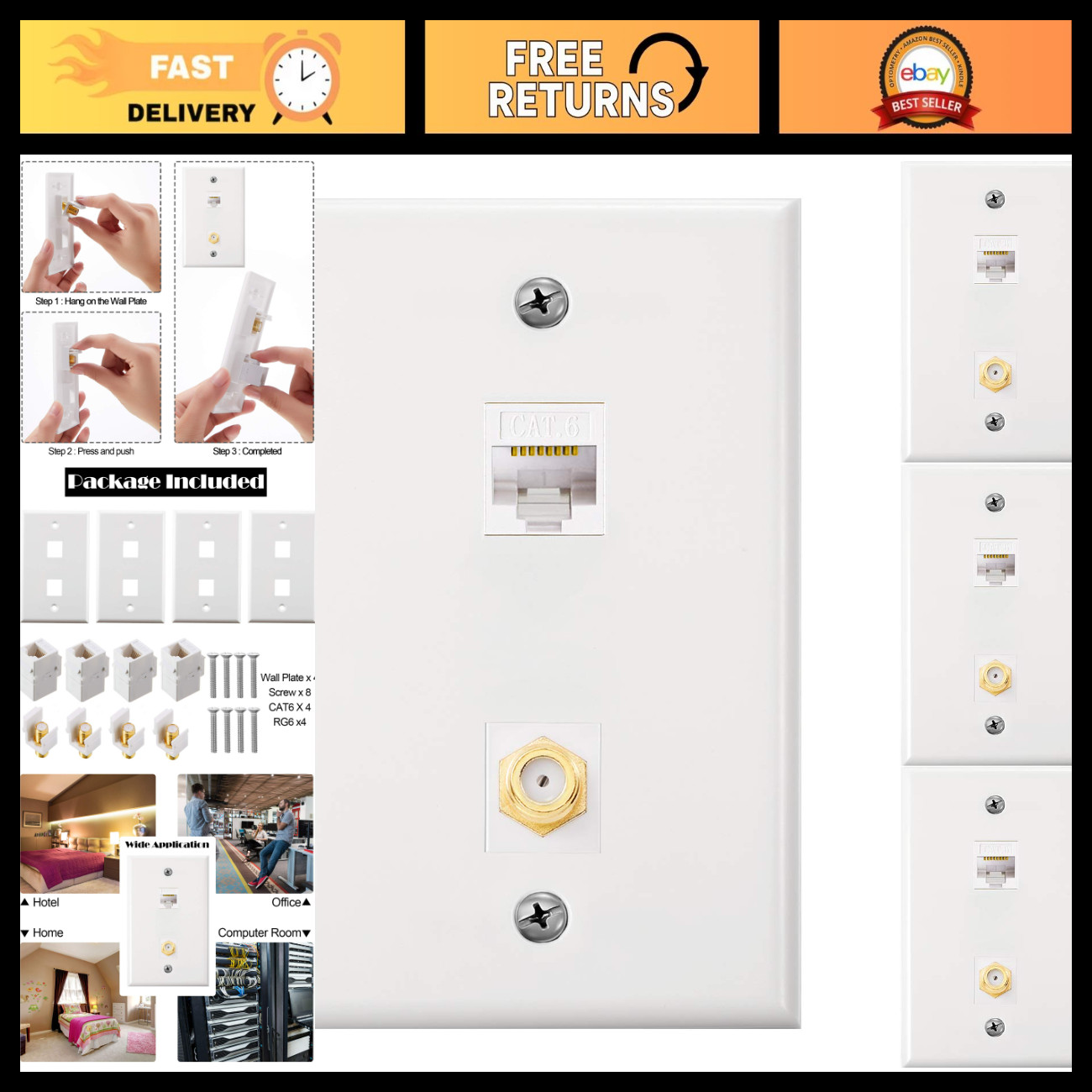 4 Pack Cat6 Ethernet Coax Wall Plates, Gold-Plated F-Type TV Coaxial Ports, Whit