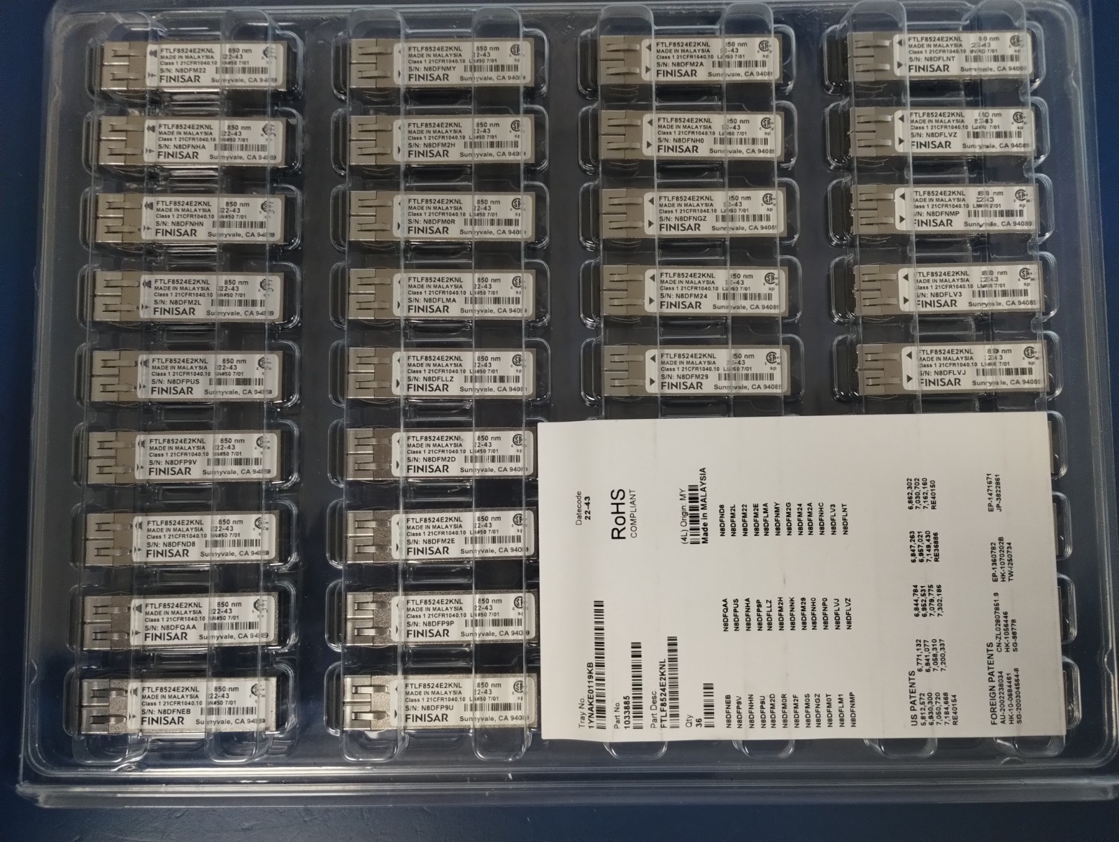 LOT OF 36 - FINISAR FTLF8524E2KNL 1x/2x/4x FC4.25 Gb/s EMI shield transceivers