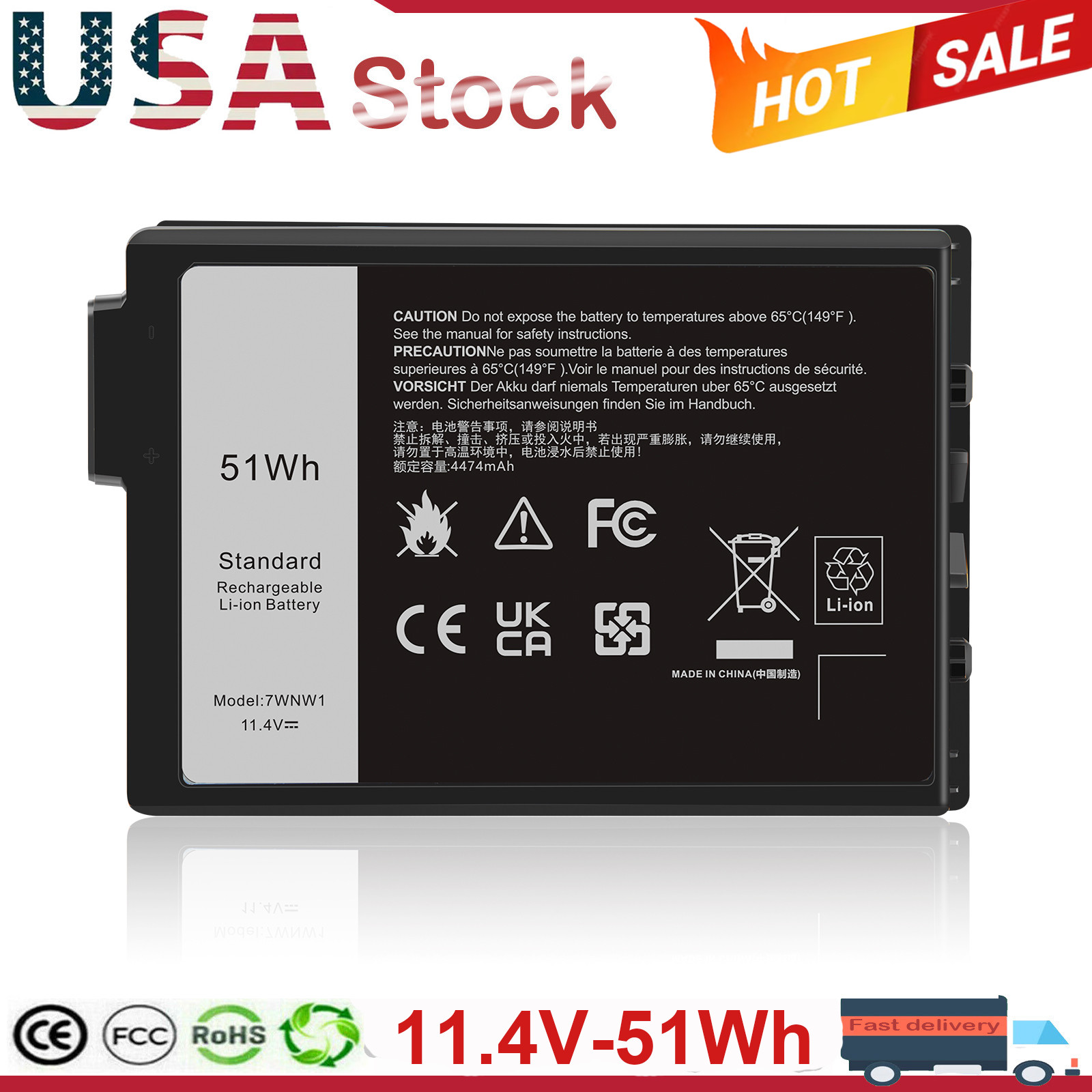 7WNW1 51Wh Battery For Dell Latitude 5424 5420 Rugged 7424 Extreme GK3D3 DMF8C