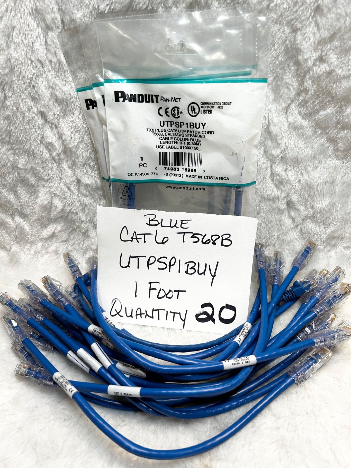 PANDUIT LOT of 20 UTPSP1BUY 1 Foot Blue TX6 PLUS CAT6 UTP Patch Cord