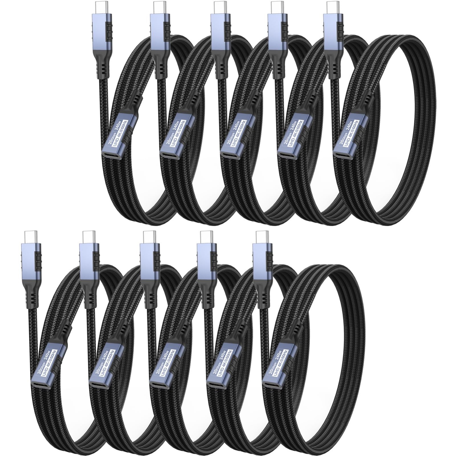 USB-C Extension Cable 3ft 10-Pack Male to Female 20Gbps 240W 4K@60Hz Braided