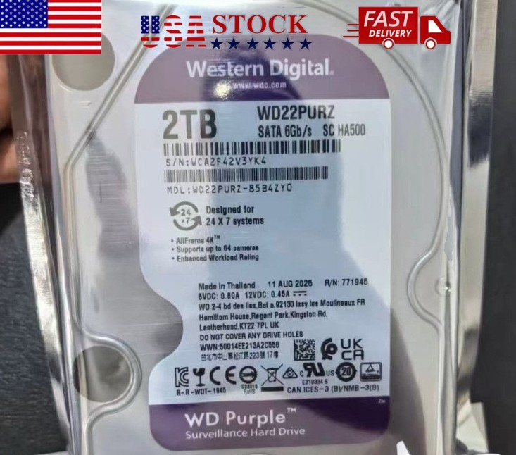 WD22PURZ 2TB Purple Surveillance HDD 256MB Cache 3.5" SATA CCTV Drive