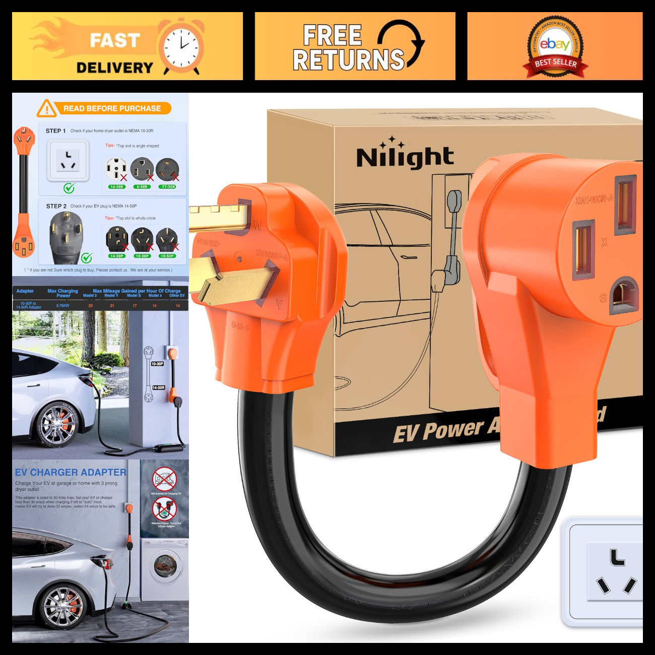 30 Amp to 50 Amp EV Adapter Cord, 10 Gauge NEMA 10-30P to 14-50R, Heavy Duty