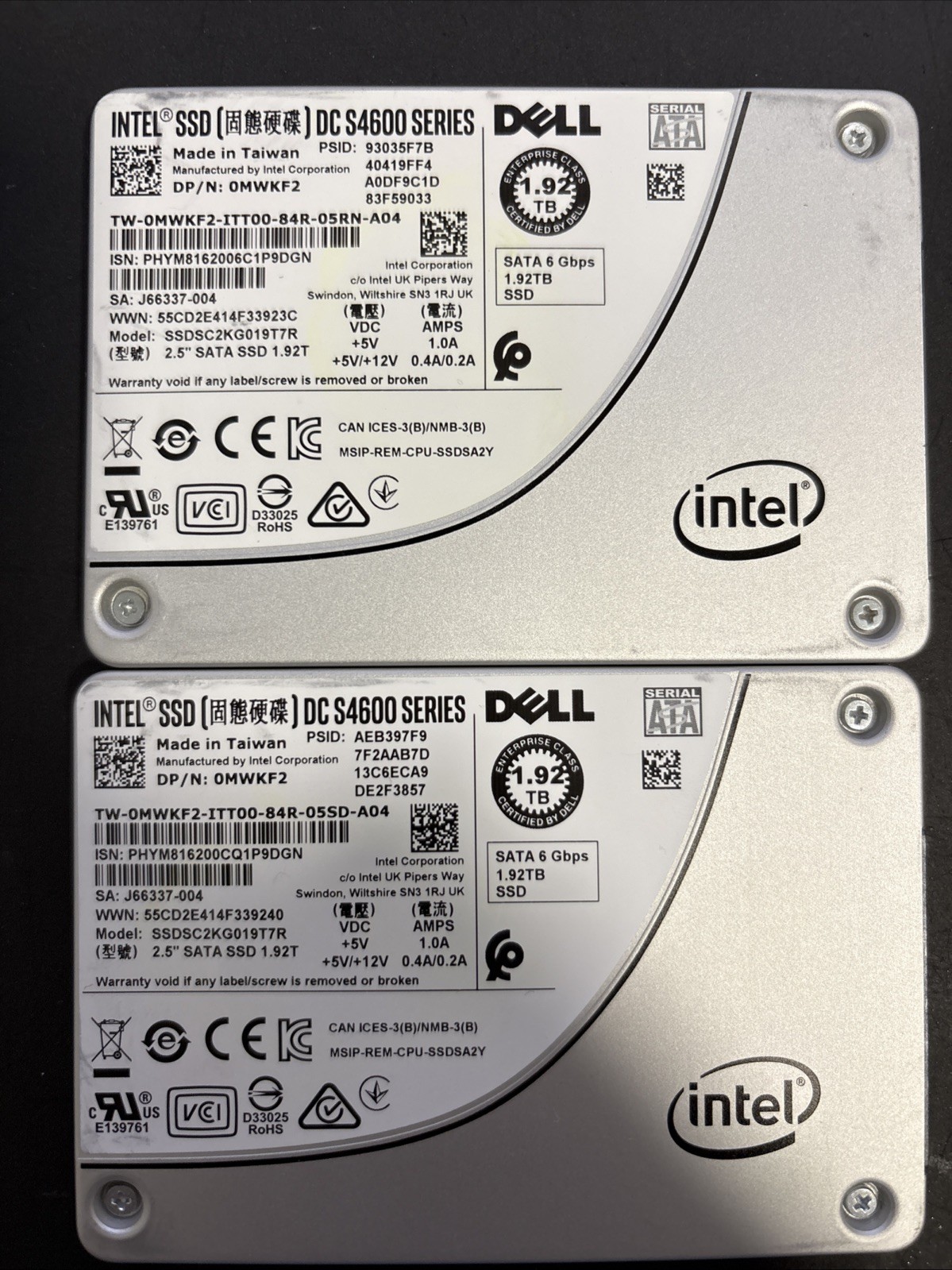 Set Of 2 Intel 1.92TB SSD DC S4600 Series 2.5” SATA 6Gbps