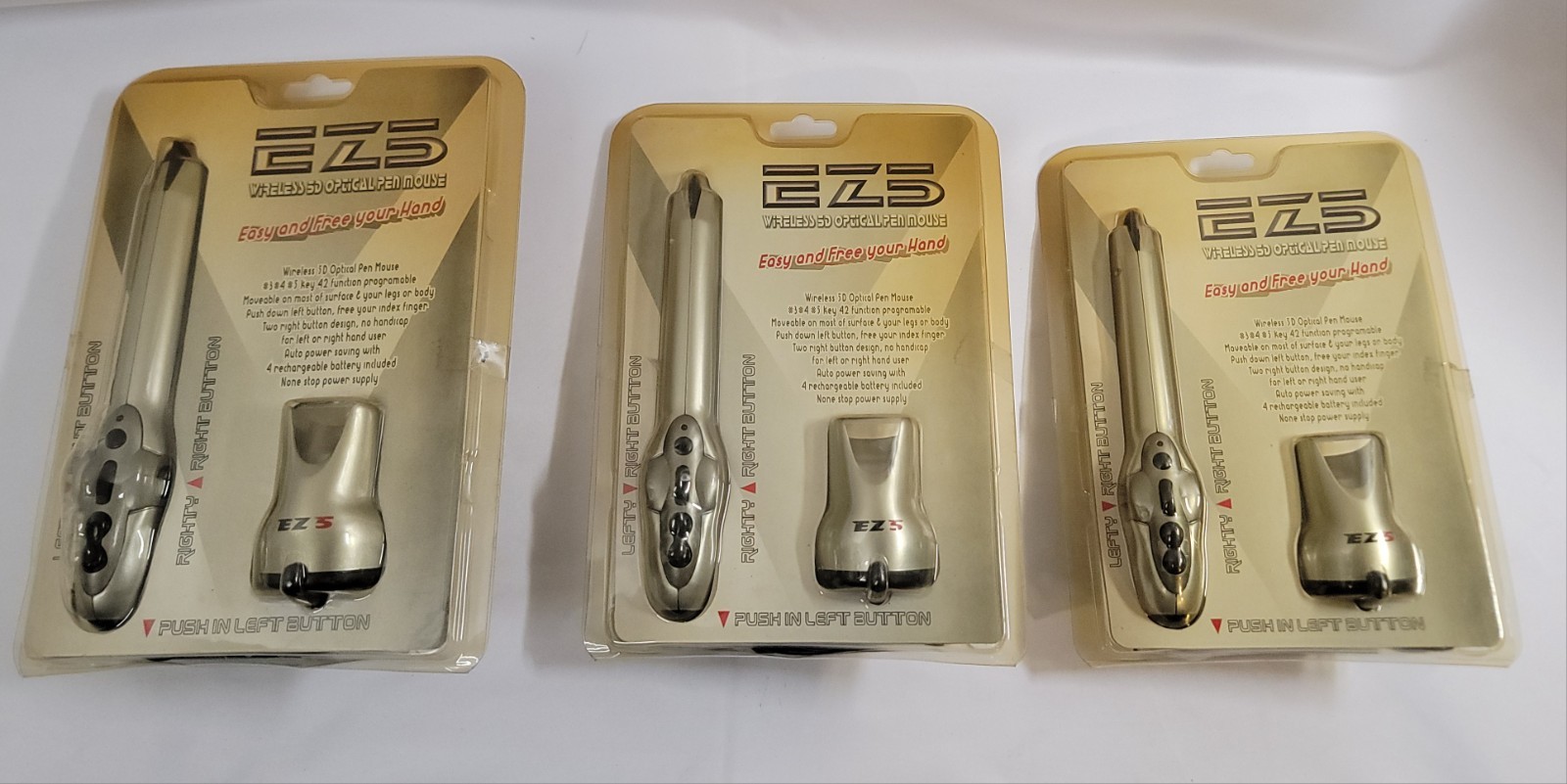 Lot Of 3 New Old Stock EZ5 Wireless Optical Pen Mouse With Stand Ambidexterous 