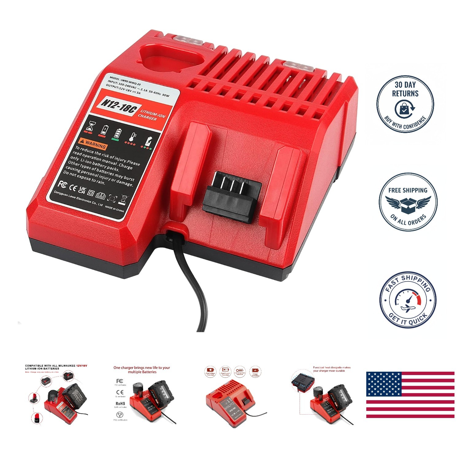 High-Performance Charger for Milwaukee M12 & M18 Batteries -  Certified