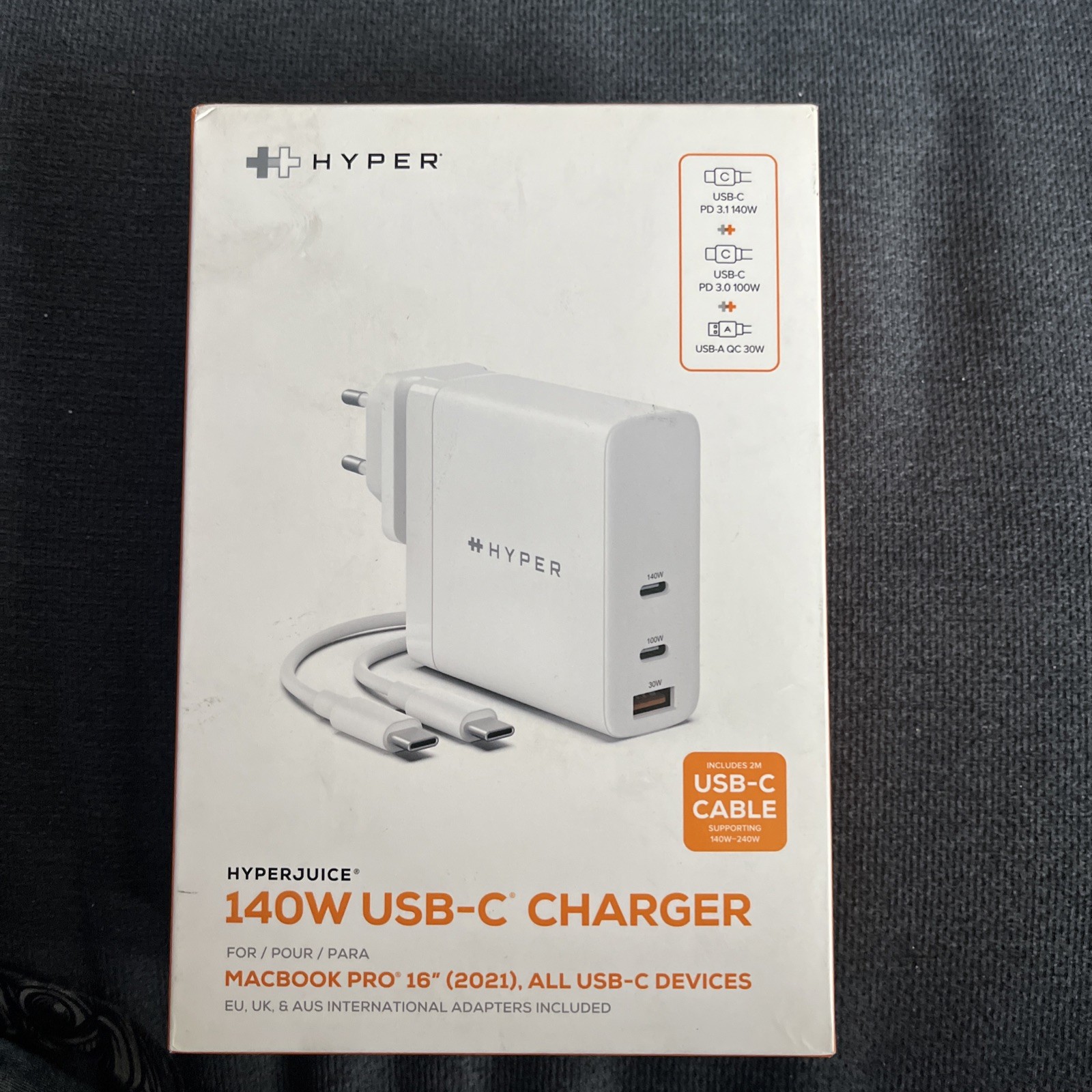 Hyper Juice PD3.1 3-port GaN Wall-Charger w 2m USB-C to C cable & HJG140WW-50 