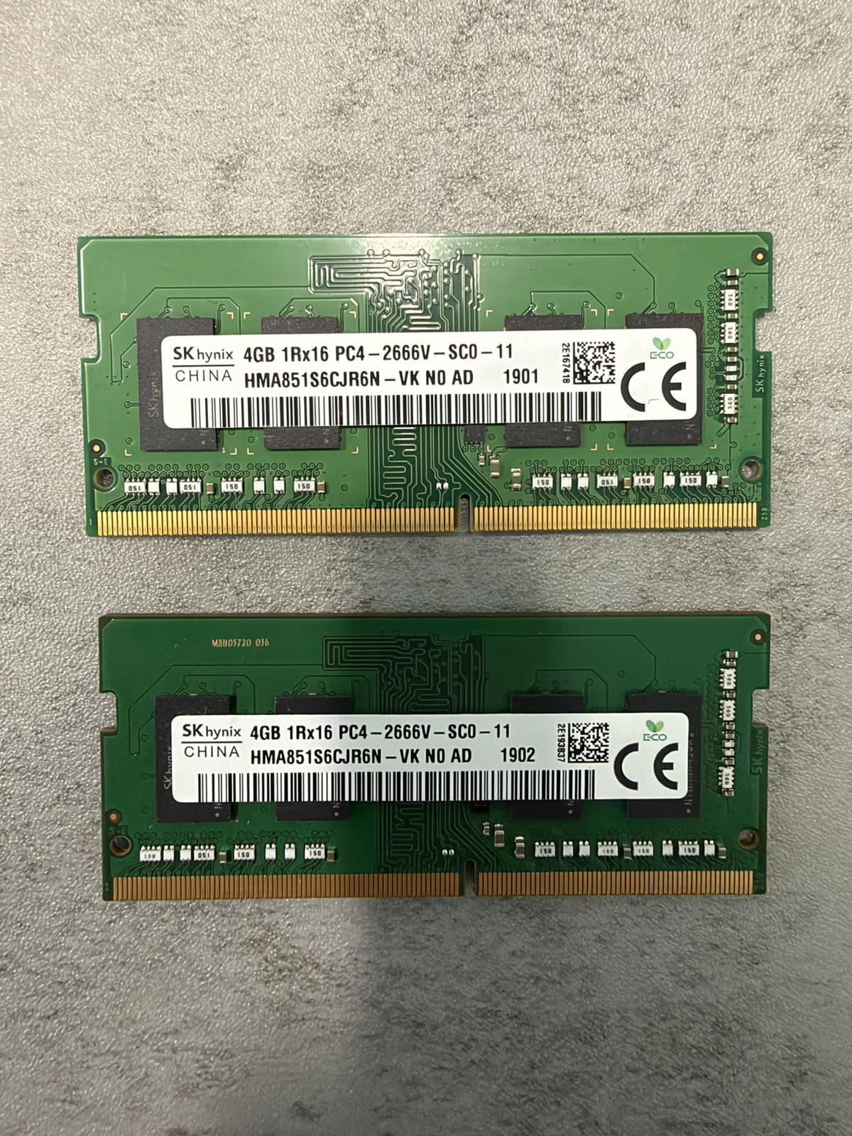 Lot of 2 (8GB) SK Hynix 4GB DDR4 Laptop RAM SODIMM 1Rx16 PC4-2666V-SC0-11 Memory