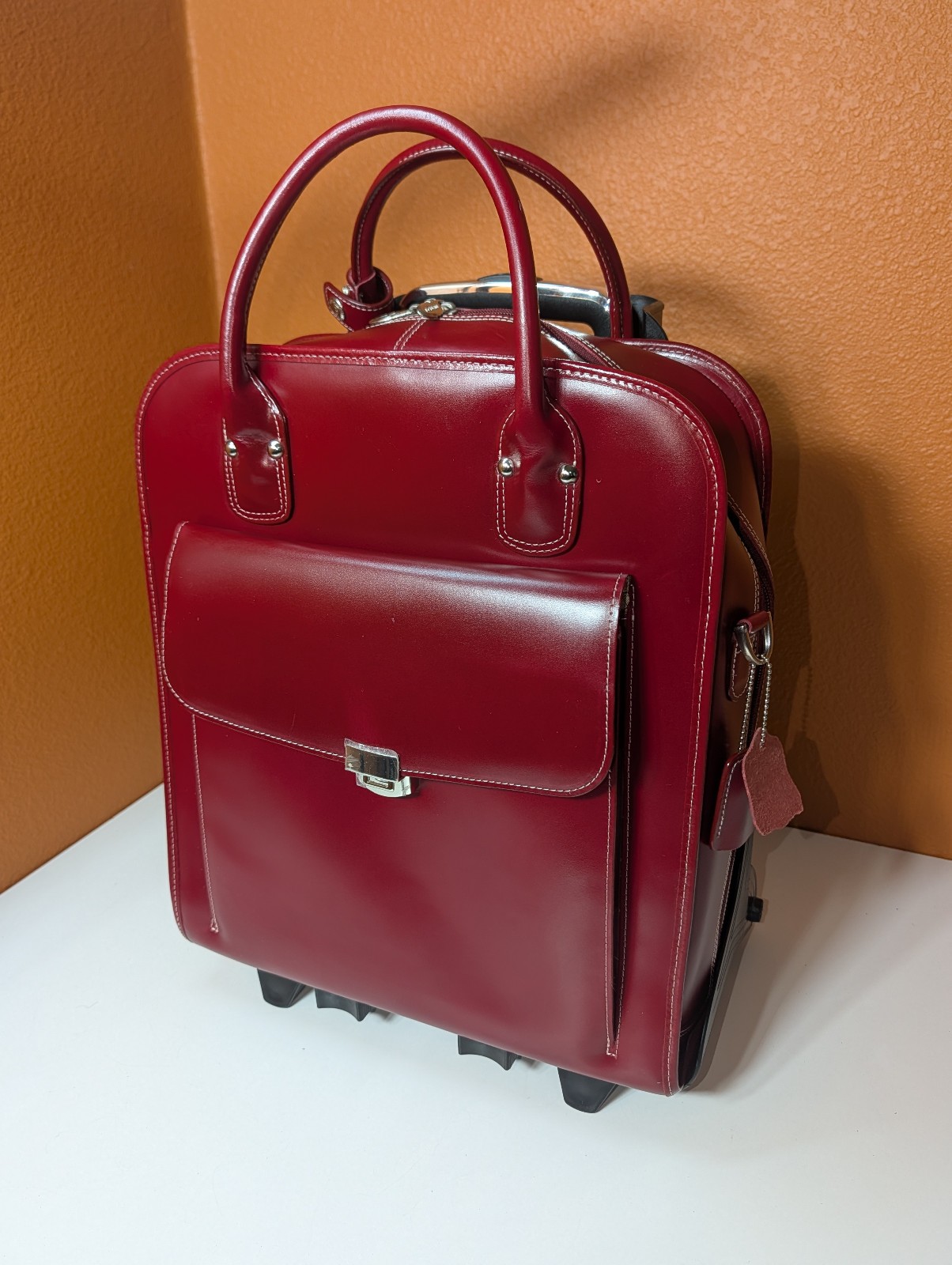 McKlein La Grange Red Leather Rolling Laptop Briefcase w/Detachable Wheels