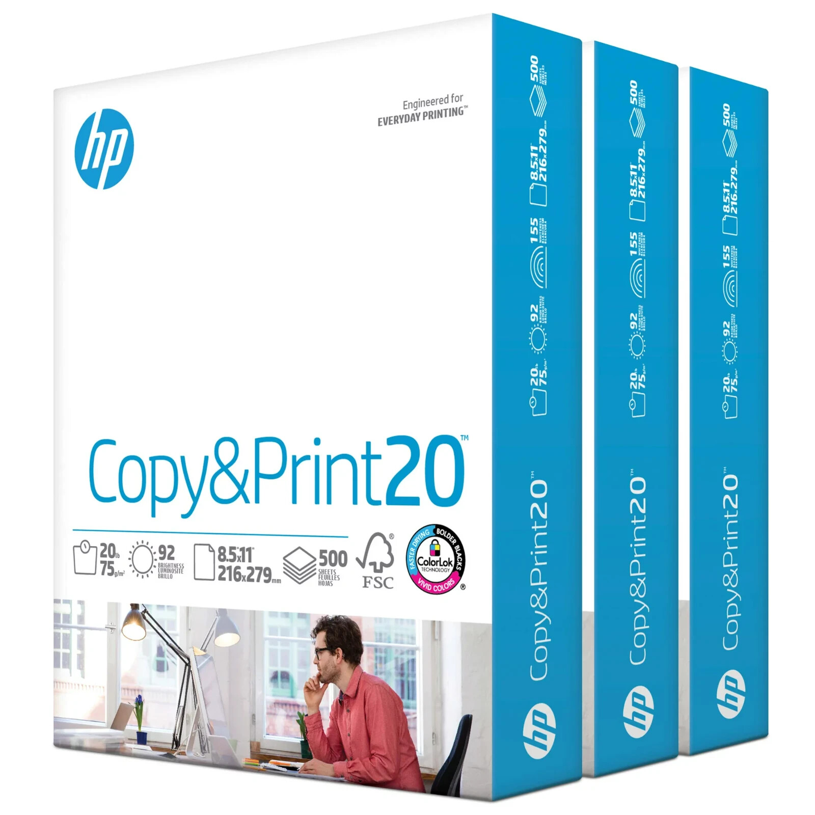 3-Reams HP Office20 Printer Paper White Letter Size 8.5" x 11", 1,500 Sheets
