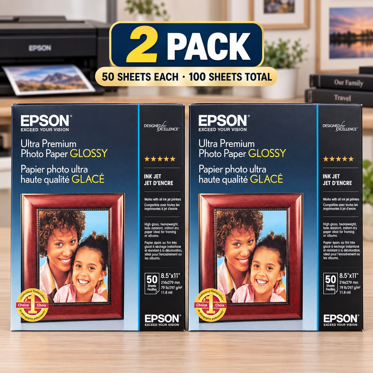 2 Pack Epson Ultra Premium Glossy Photo Paper 8.5 x 11 100 Sheets S042175