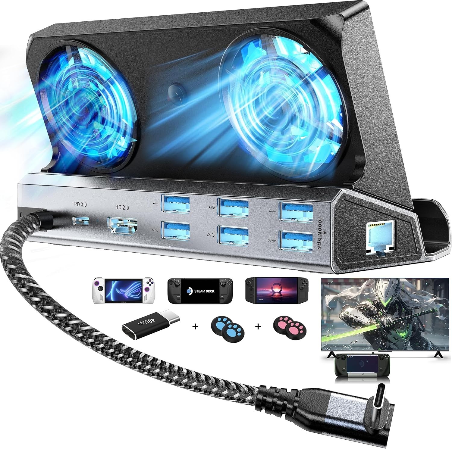 12-in-1 Gaming Docking Station – Dual Cooling Fans 4K@60Hz HDMI USB Ethernet HUB