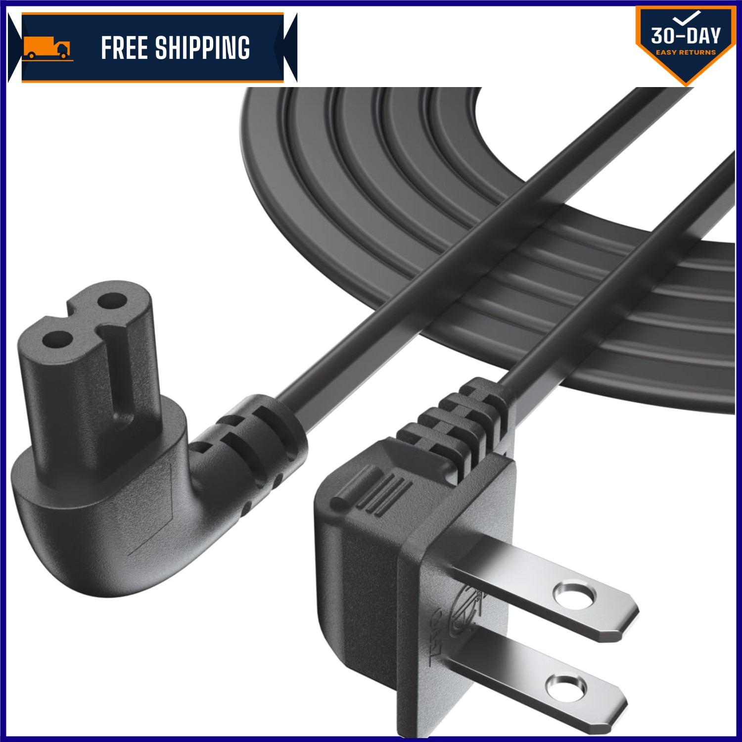 12FT  Certified 90-Degree L-Shaped AC Power Cord for Wall-Mounted TVs