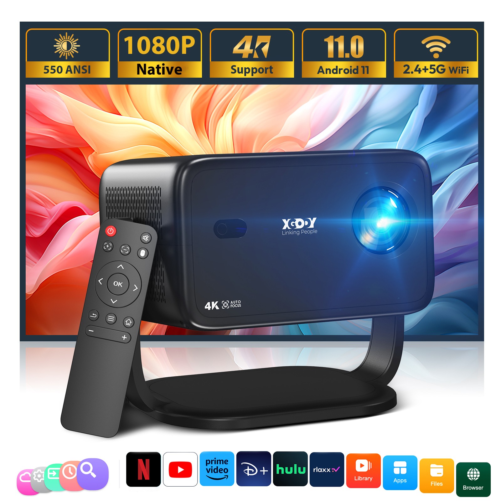 4K Smart Projector 550ANSI LED 1080P WiFi Bluetooth UHD Home Theater US