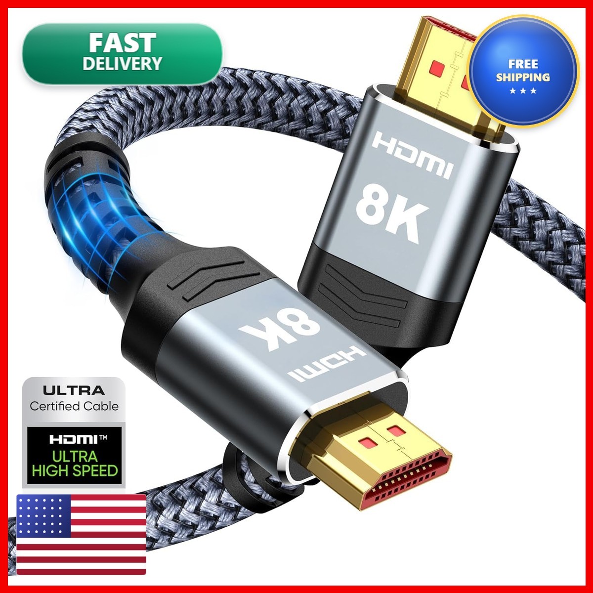 Highwings 8K@60 HDMI Cable 10FT/3M 2.1 Ultra High Speed Braided Nylon for PS5