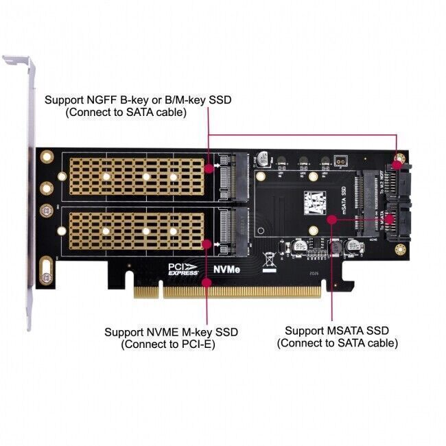 CABLECY  PCI Express PCI-E Dual SATA to NGFF NVME MSATA M-Key B/M-key SSD