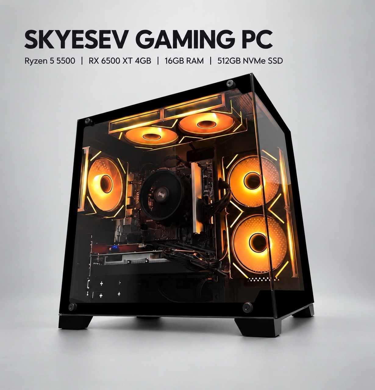 SKYESEV Gaming PC Ryzen 5 5500 RX 6500 XT 4GB 16GB RAM 512GB NVMe SSD