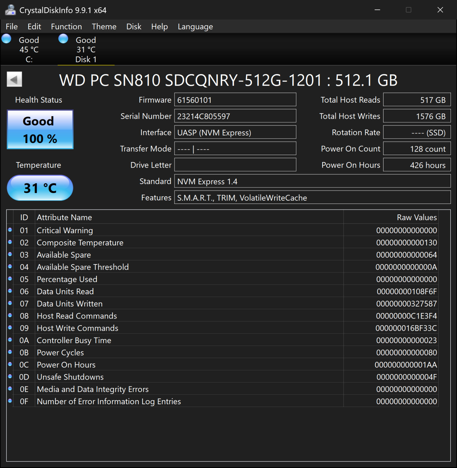 Western Digital PC SN810 512gb NVMe 100% Health OPAL SSS1D33695 SDCQNRY-512G
