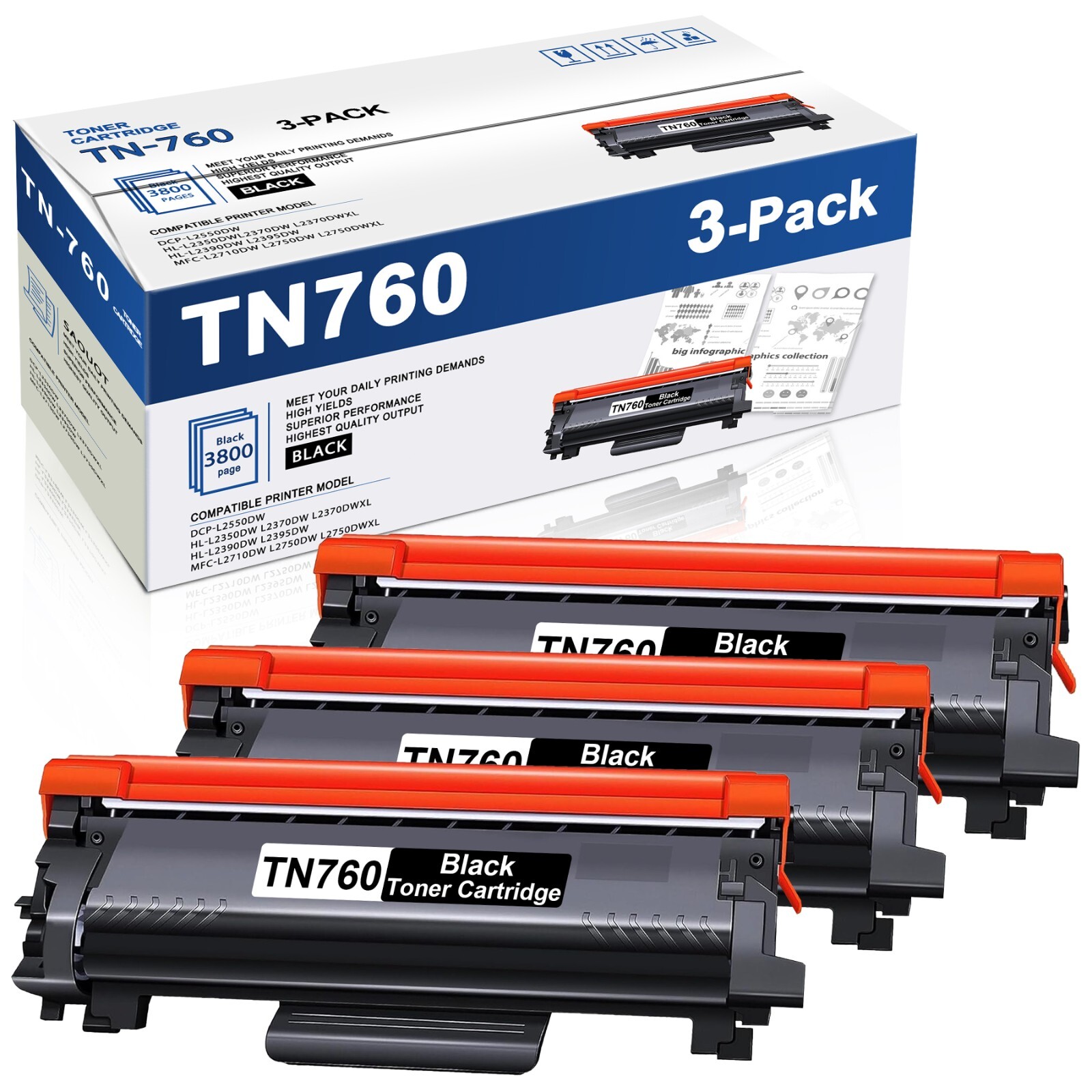 3x TN760 TN730 Toner Cartridge Replacement for Brother TN 760 MFC-L2730DW