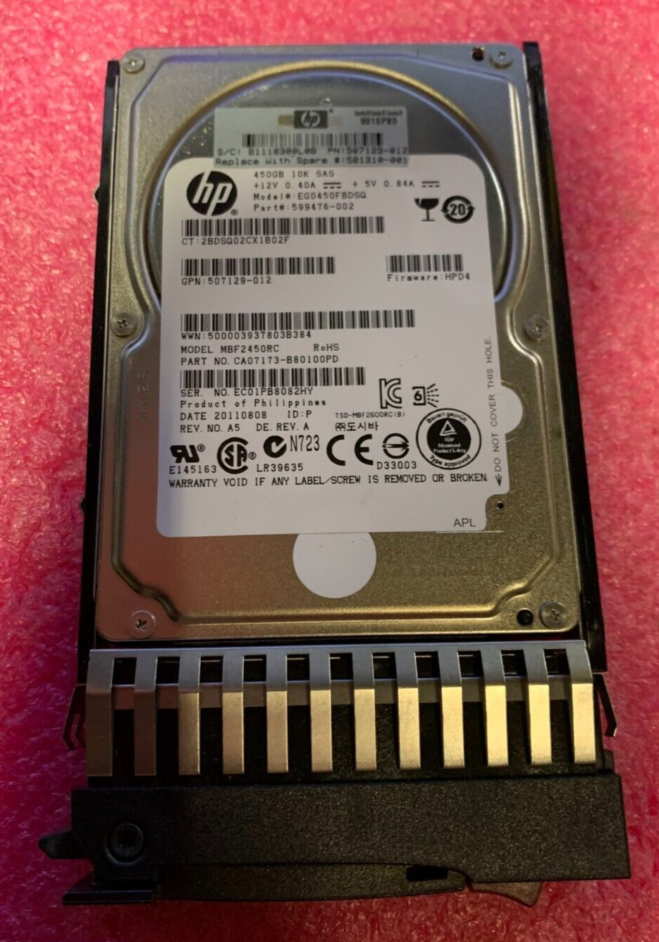 HP 450GB 10K SAS 2.5in HDD 507129-012 599476-002 EG0450FBDSQ Tray
