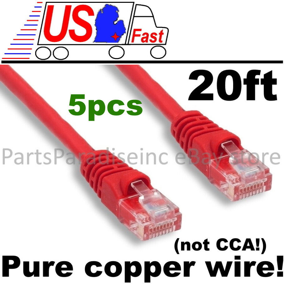 Lot5 ALL COPPER 20ft long Cat5e Ethernet/Network UTP Cable/Cord/Wire $SHdi {RED