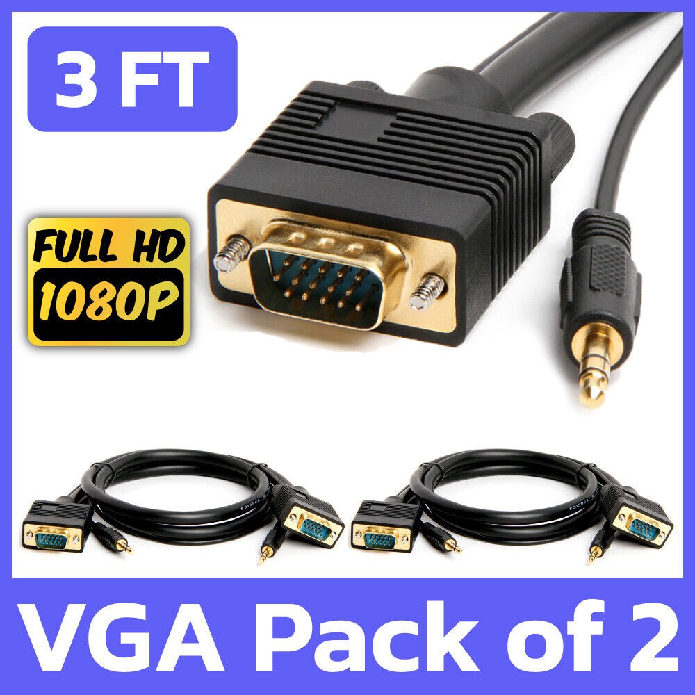 2 Pack 3FT VGA Cable + 3.5mm Audio SVGA Male to Male Monitor PC Cord with Aux
