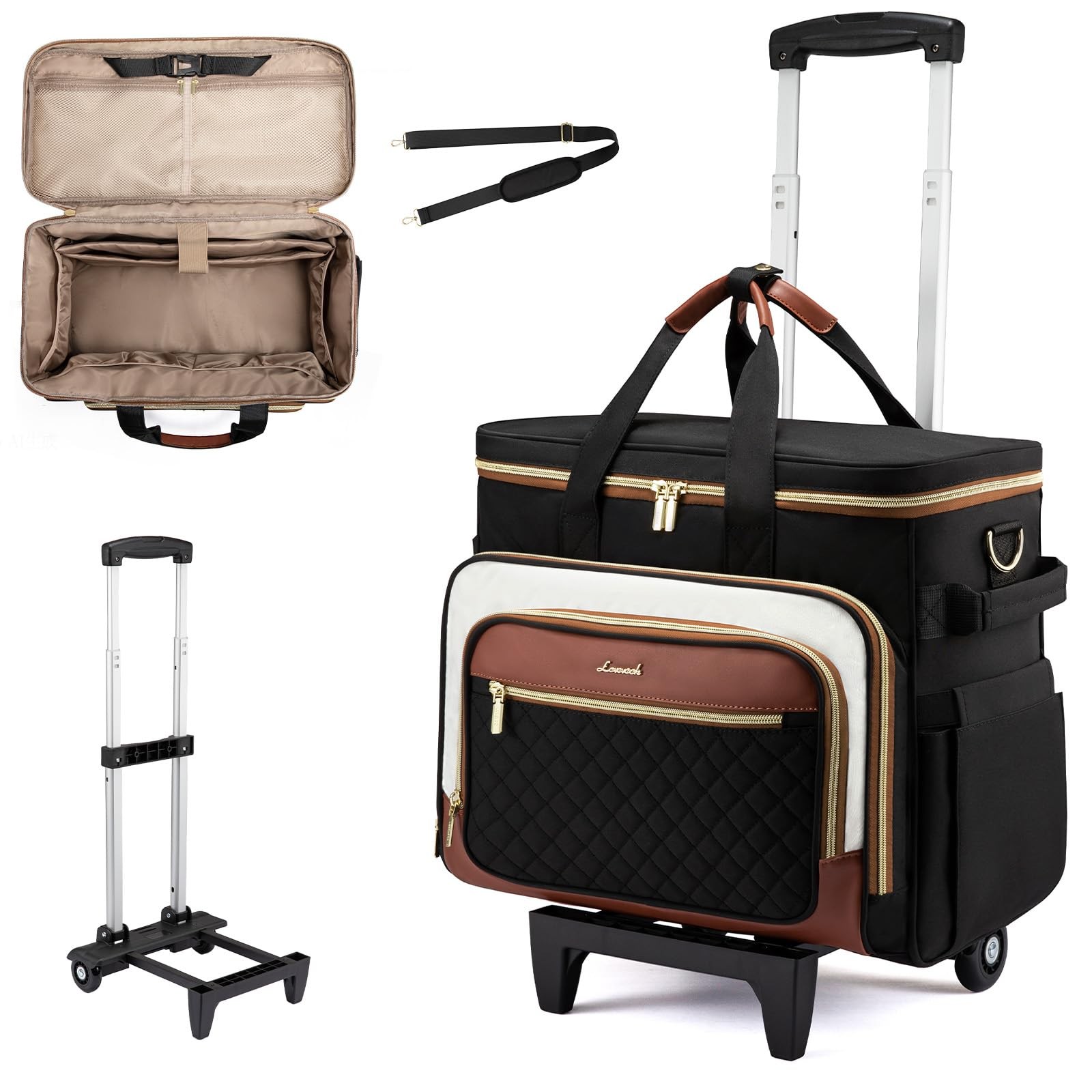 LOVEVOOK Rolling Teacher Bag, Laptop 17.3 inch, Quilted-Black-beige-brown