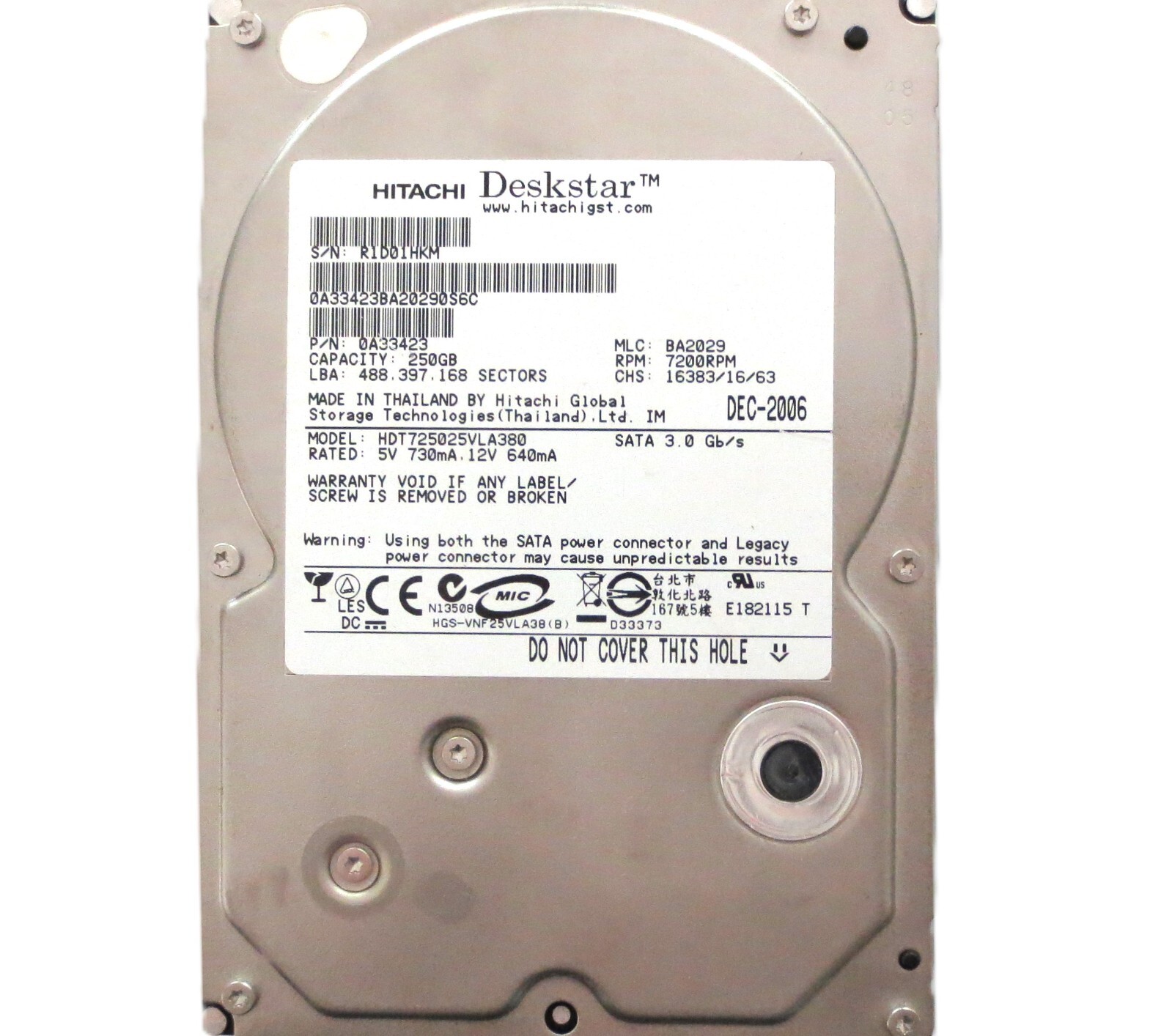 Hitachi HDT725025VLA380 0A33423 BA2029 Thailand 250gb Sata 3.5" HDD DEC-2006