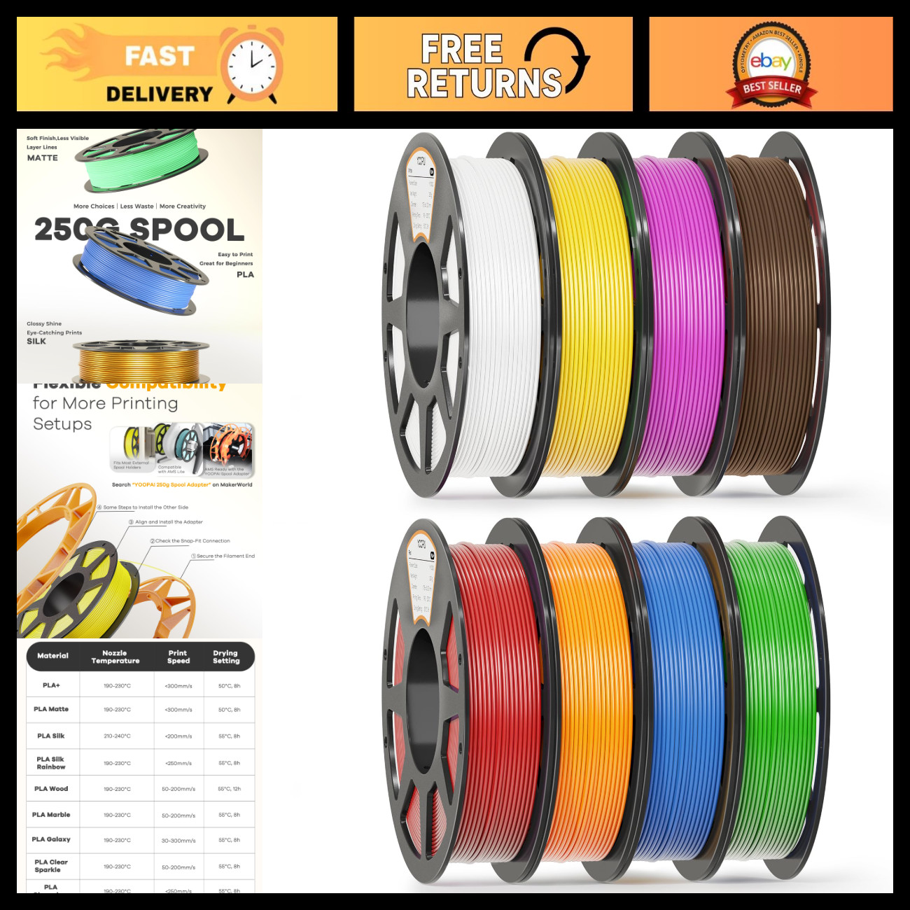 8-Pack 1.75mm PLA Filament Bundle - 250g Each, Vibrant Colors for 3D Printing