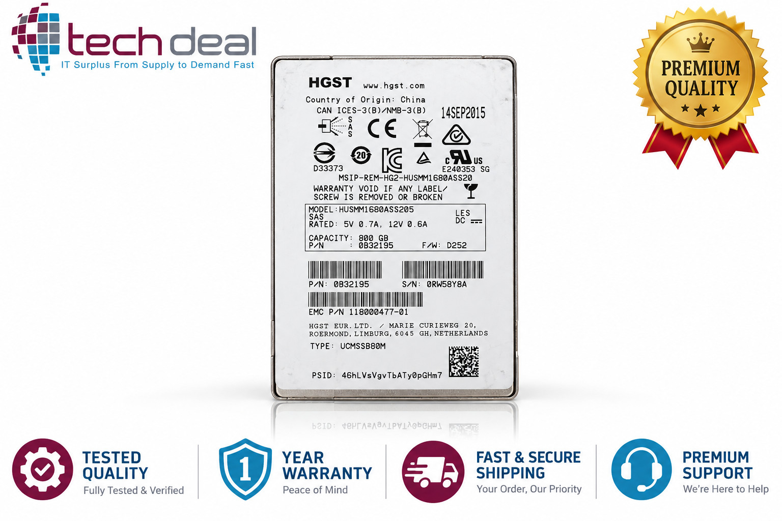 HGST 800GB SSD SAS 12G Server Hard Drive 2.5" HUSMM1680ASS205 0B32195 Excellent