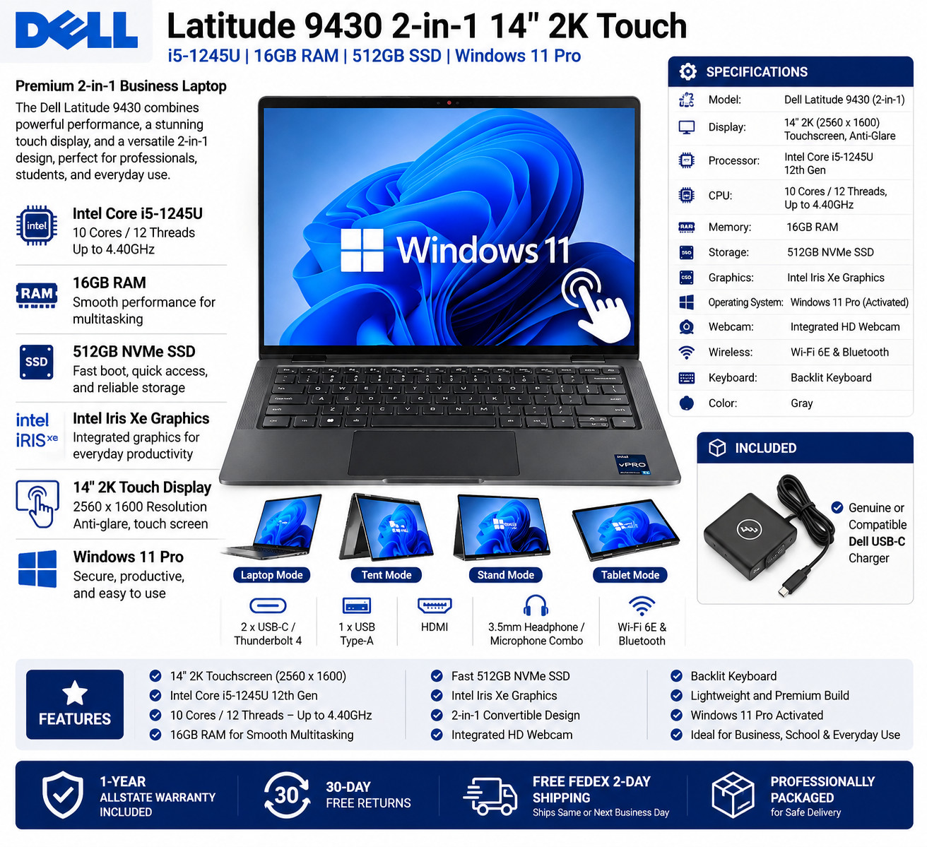 Dell Latitude 9430 2-in-1 14" 2K Touch i5-1245U 16GB 512GB SSD Win 11 Pro