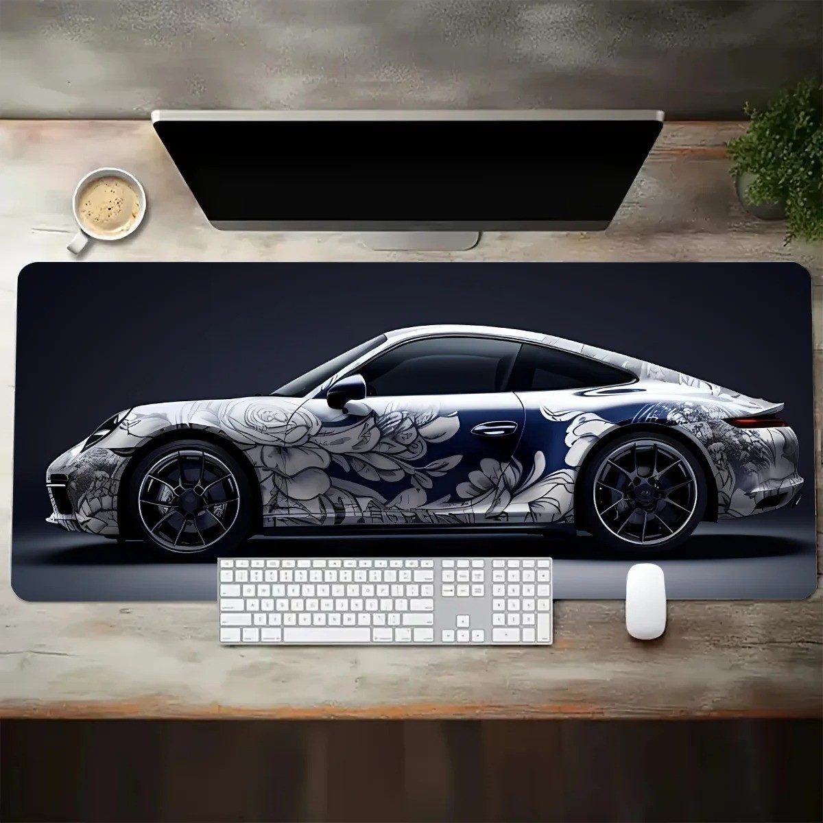 Large White Sports Car Gaming Mouse Pad Anti-Slip Waterproof Desk Mat XL